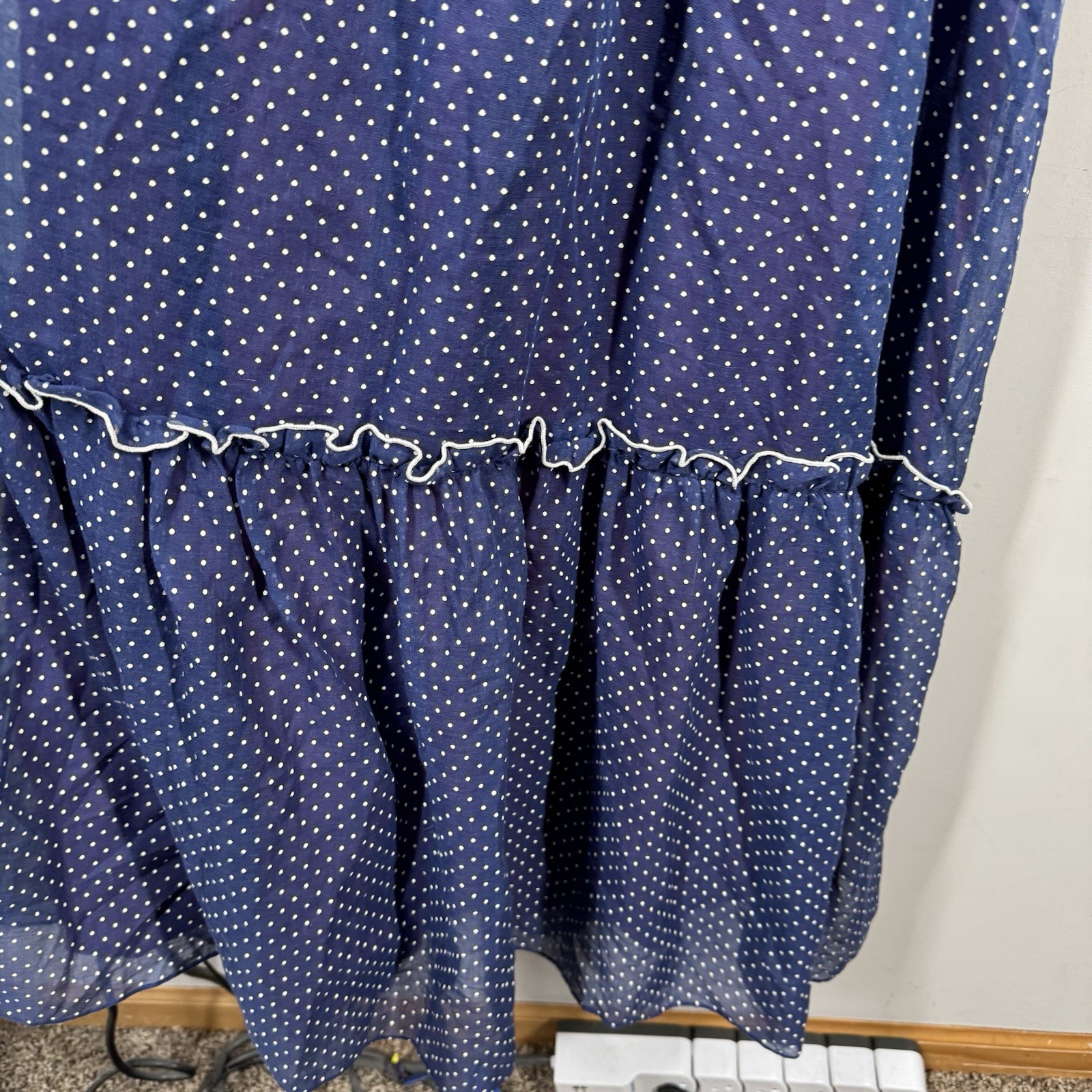 Vtg Ruffle Maxi Dress Sheet Blue Polka Dot Over Lining JC Penny Women Sz 11/12