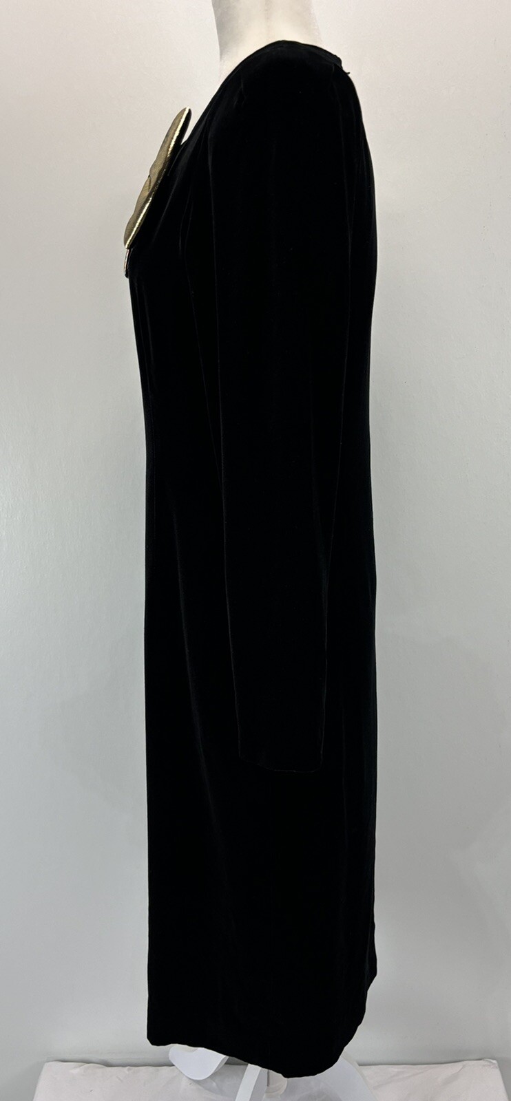 Vtg Halston iii Black Velvet Dress Sz 8 Women’s Gold Bow Knee length 90s Holiday