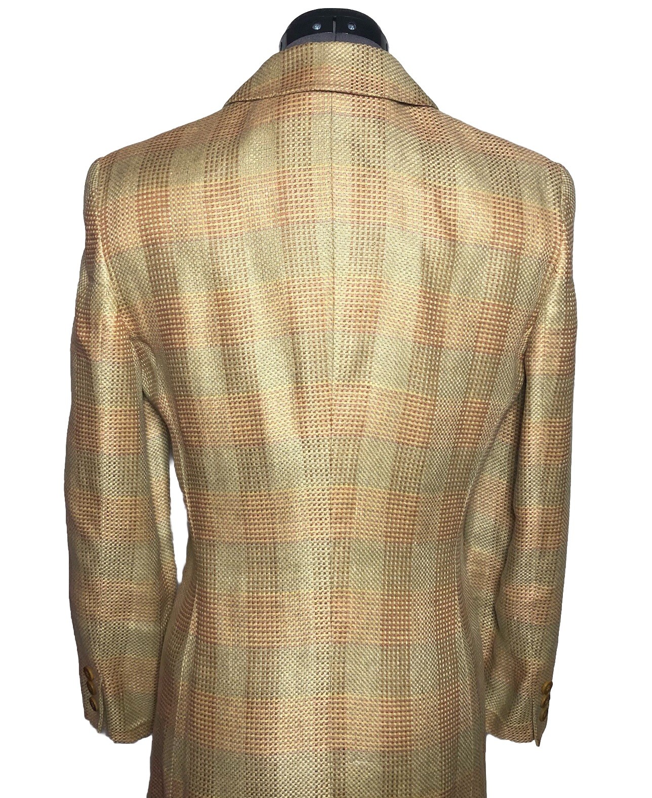 Vtg 80s Giorgio Armani Le Collezion Pink Blue Tan Plaid Long Blazer Italy 40 M