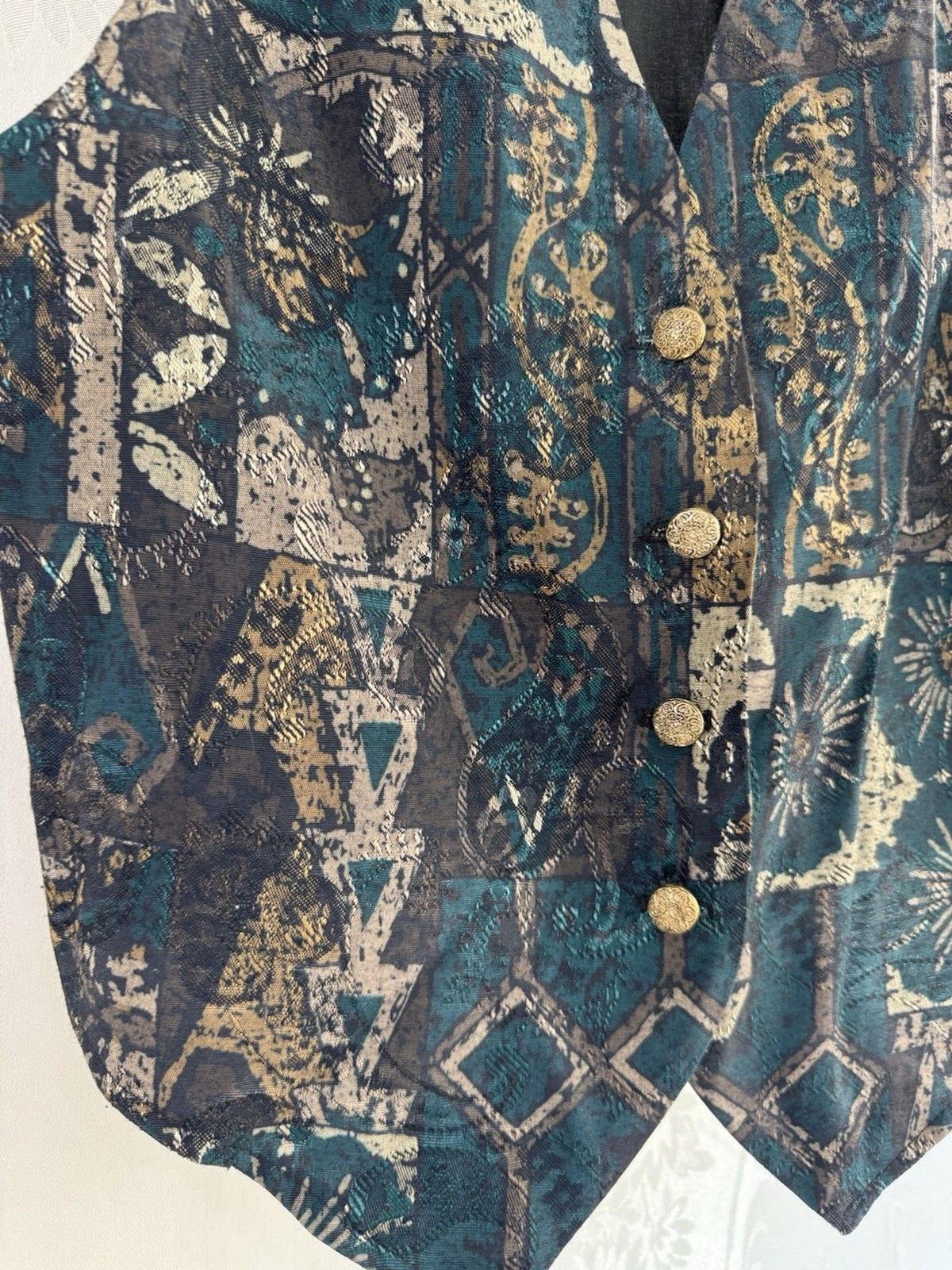 Anxiety Vintage Floral Patch Gold Metal Button Front Vest USA Medium