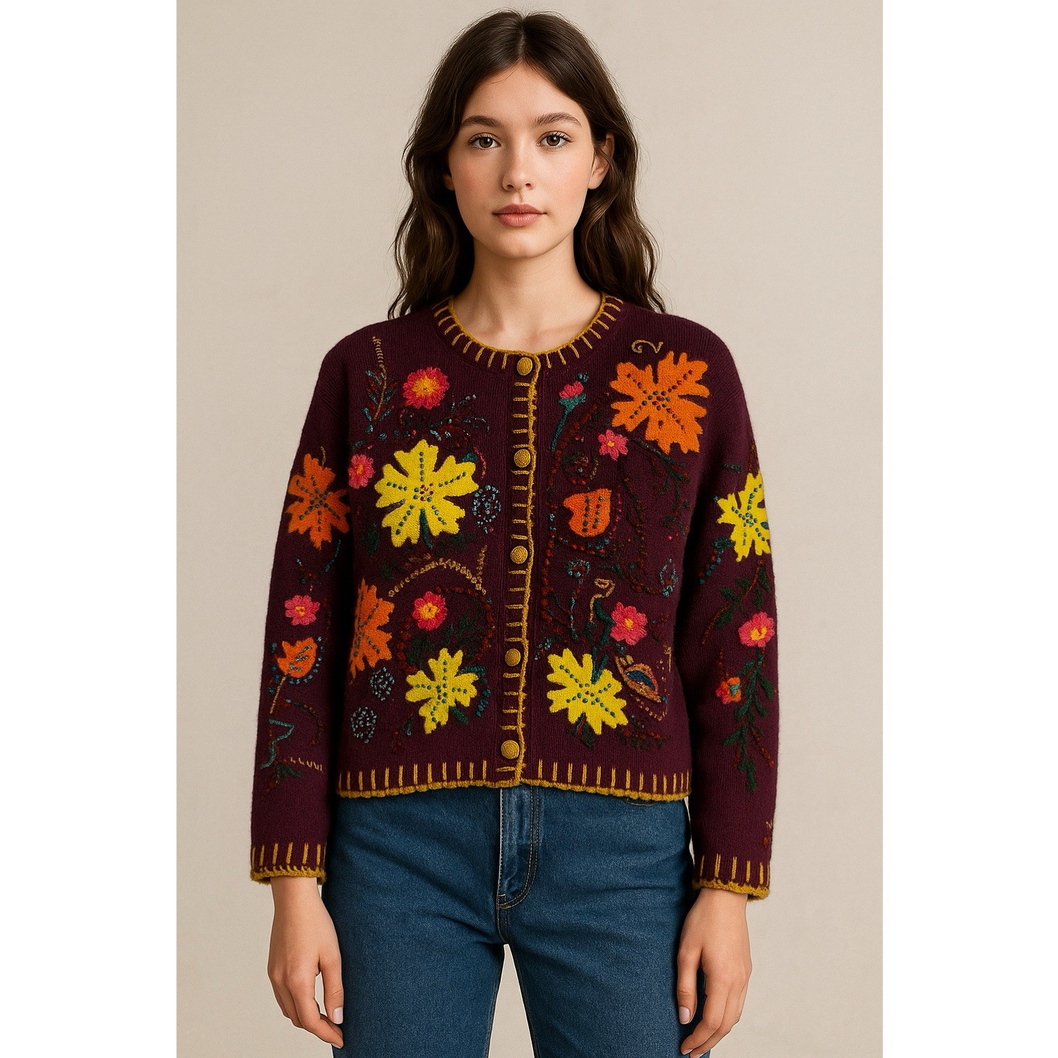 Jodi Blake Embroidered Cardigan L Fall Beaded Knit Folk Art to Wear Maximalist