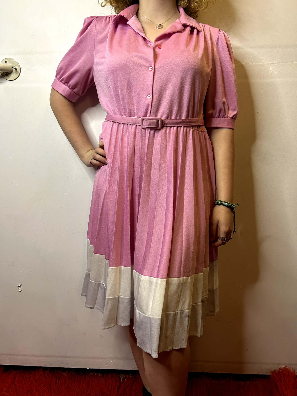 Vintage Australian ARC SYDNEY 1980s Pink Shirt Dress Pleated Coconut Ice AU 14
