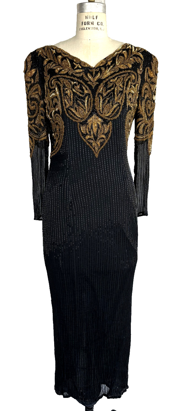 Gorgeous Vintage 90’s Richilene Black and Gold Intricately hand beaded Gown
