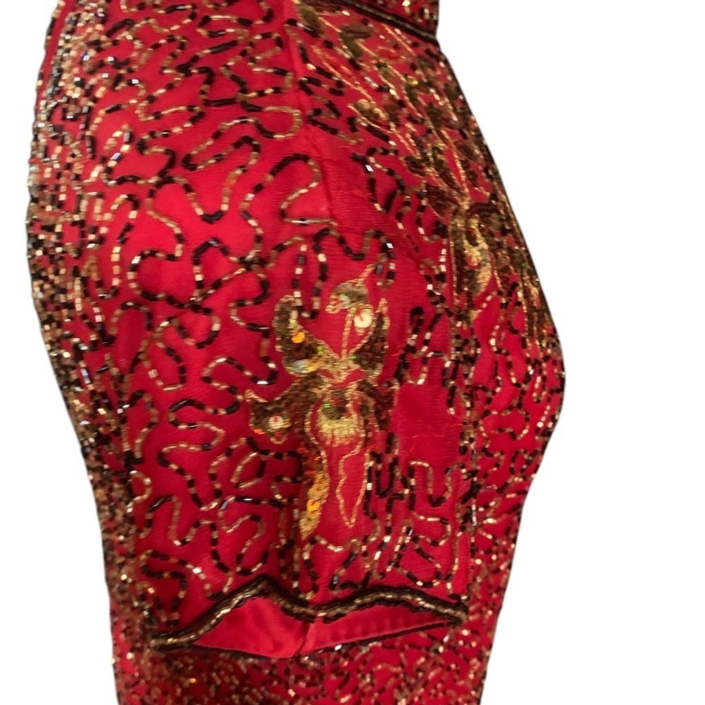 Vntg 90’s Marina red, gold and black beaded high neck short sleeved top sz small