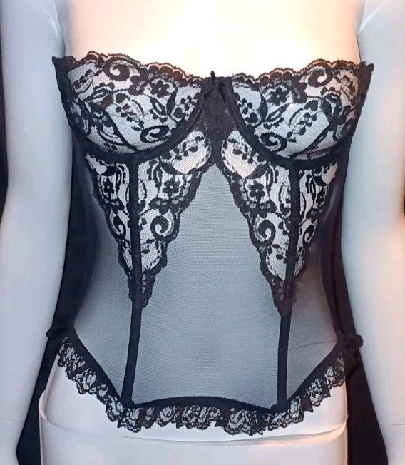 90s Victoria’s Secret Black Sheer Lace Corset Top Boned Bustier Floral 36B VTG