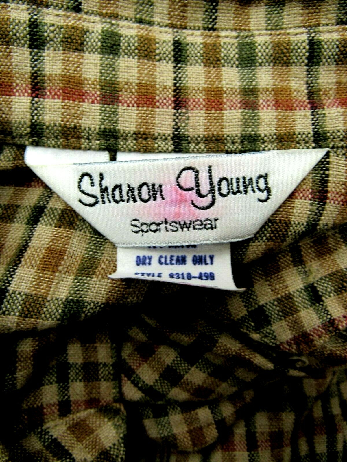 VTG SHARON YOUNG Linen Blend Top Check Red Black Gray Taupe Gold Brown 6 M EUC
