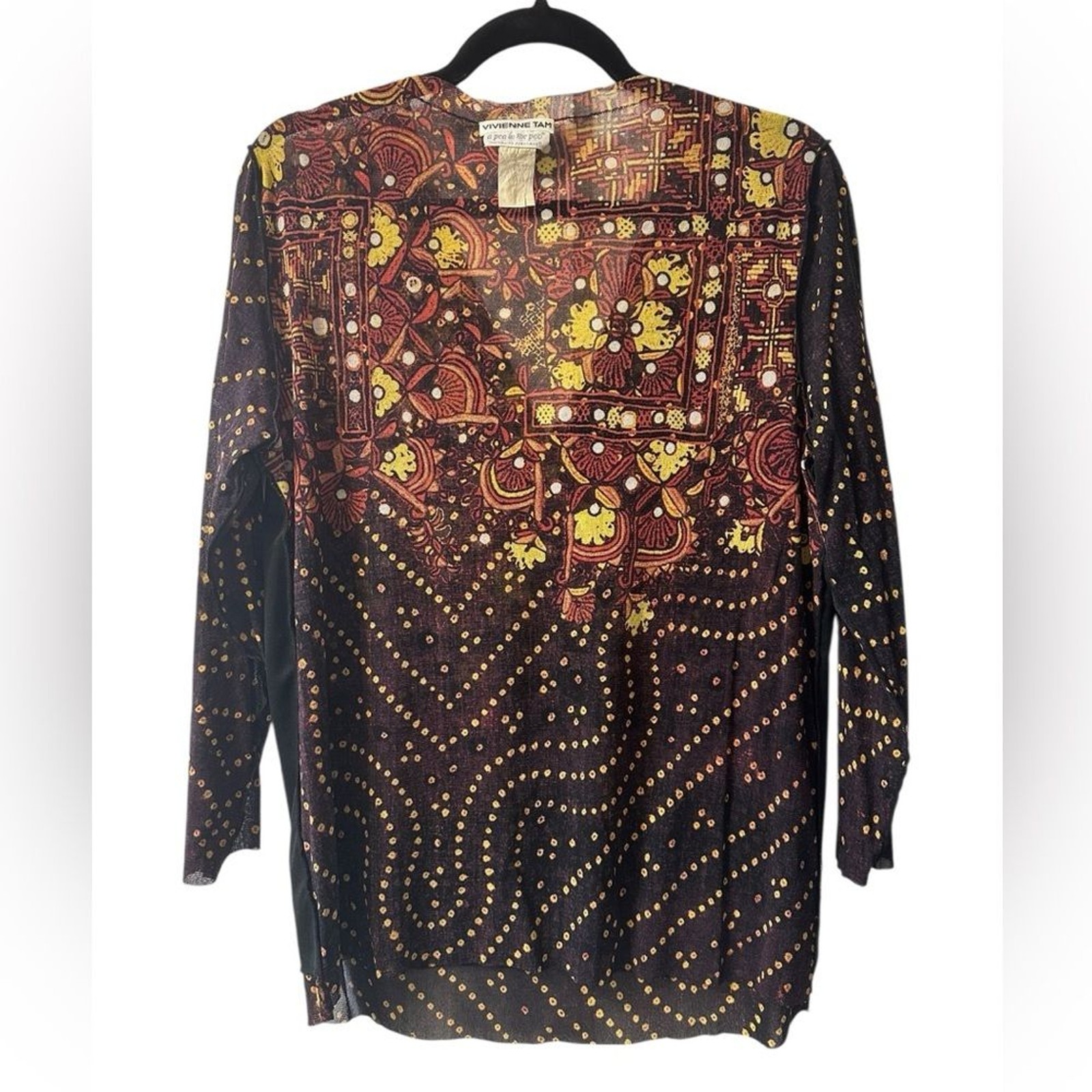 Vivienne Tam Vintage 1990s Black Yellow Floral Boho Print Stretch Mesh Top L XL