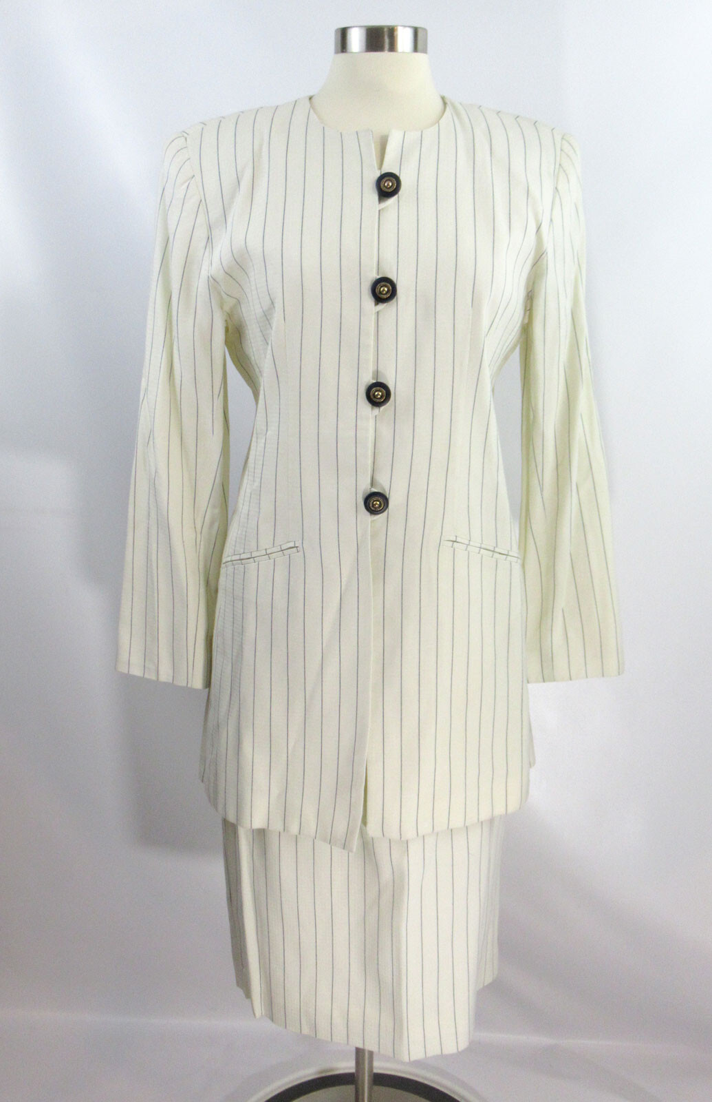 Vintage 1980s suit long jacket and skirt M.J. Carroll Cream striped rayon flax