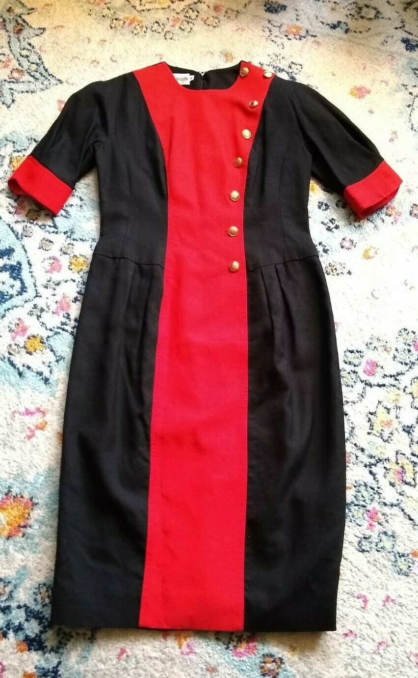 Vtg 1980s RONNIE HELLER Dress Linen Red Black Gold Buttons Secretary Sz 6