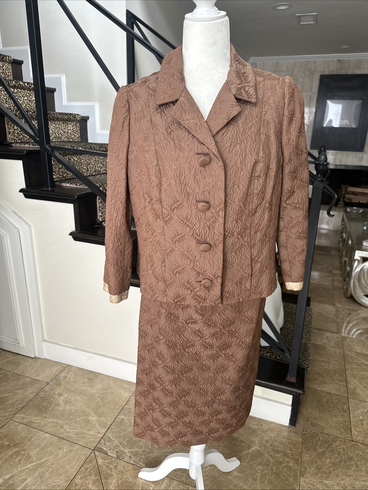 Sophie Gimbel Couture For Saks 50s Mocha Brown Silk Matelasse 3 Piece Skirt Suit