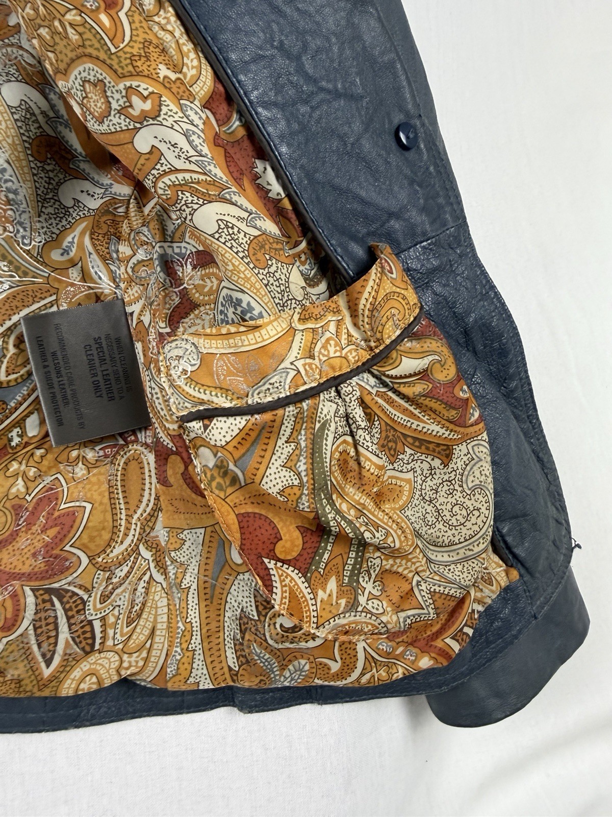 Vintage Wilsons Leather Pintuck Blazer Jacket Small Blue Charcoal Paisley Lined