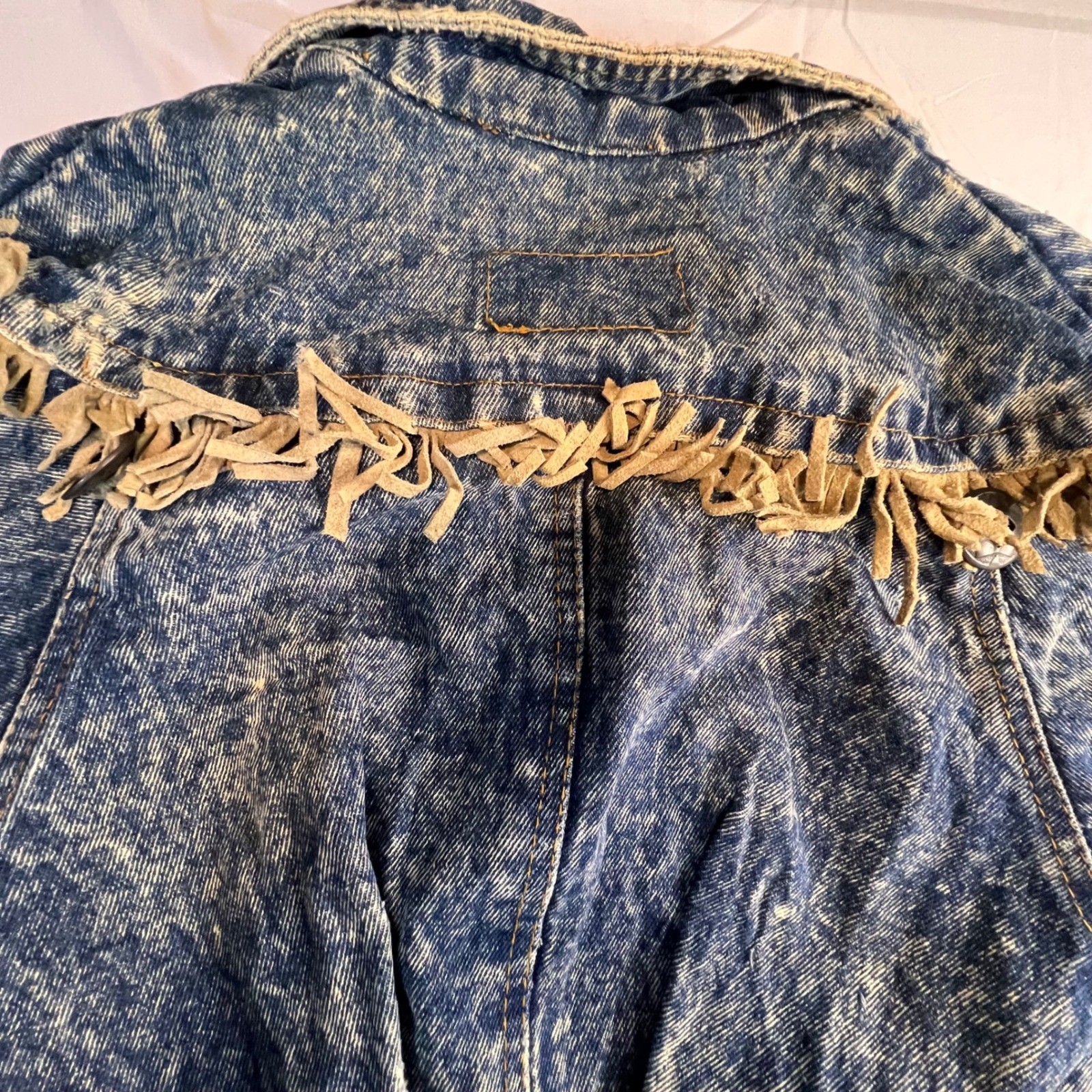 Learsi S Acid Wash Denim Jean Jacket Blue Fringe LaceUp Western 80s Retro Grunge