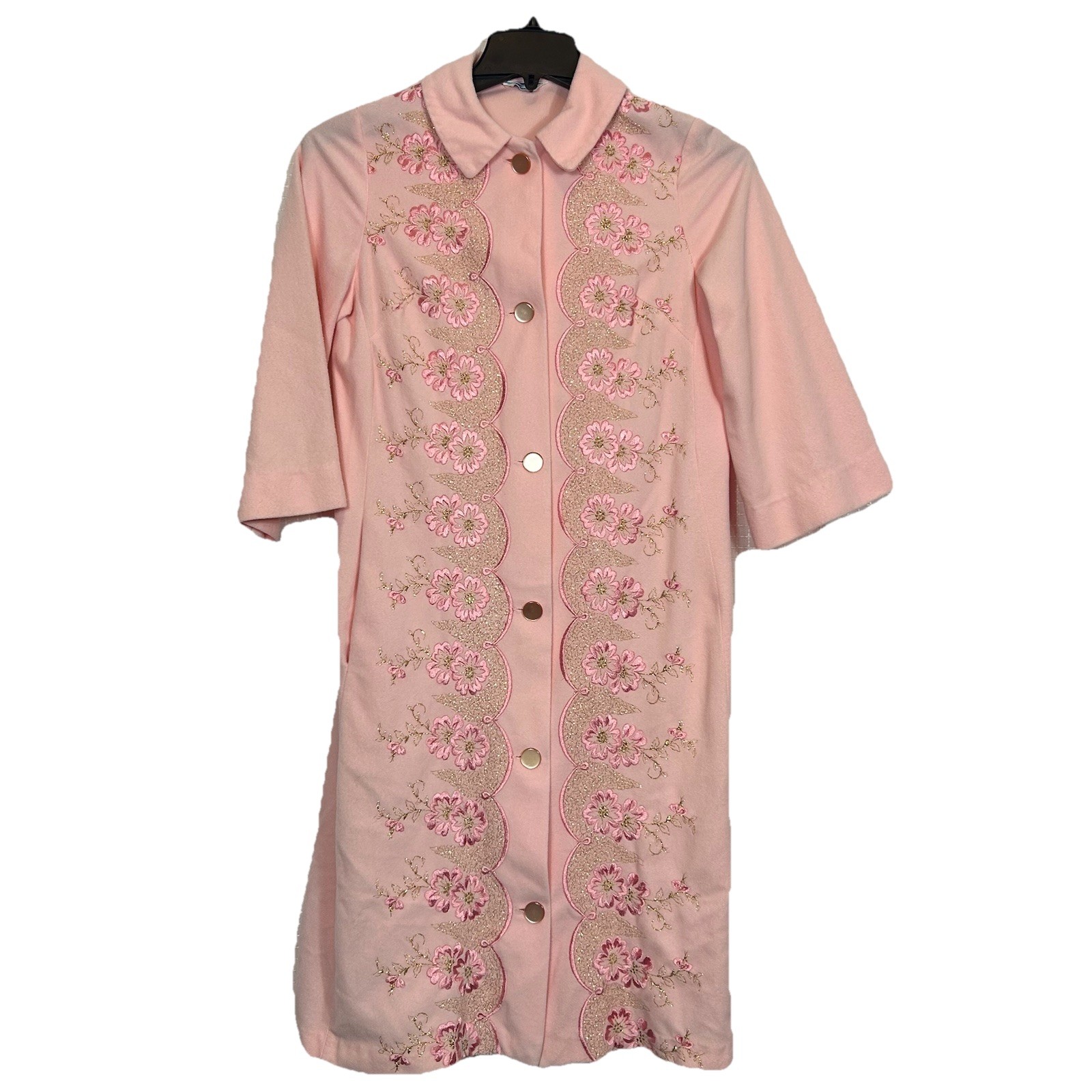 VTG Charmode Pink Embroidered Housecoat Robe Size Small Gold Pink Floral (G)