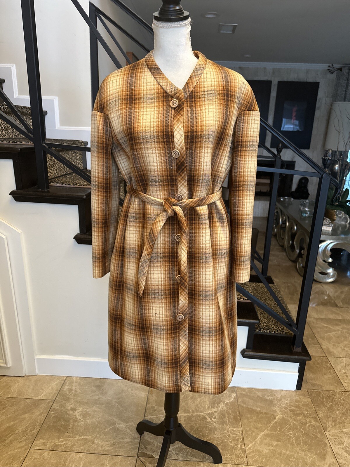 Jacques Tiffeau 60s Brown Tones Wool Blanket Plaid Coat & Pleated Skirt Set S