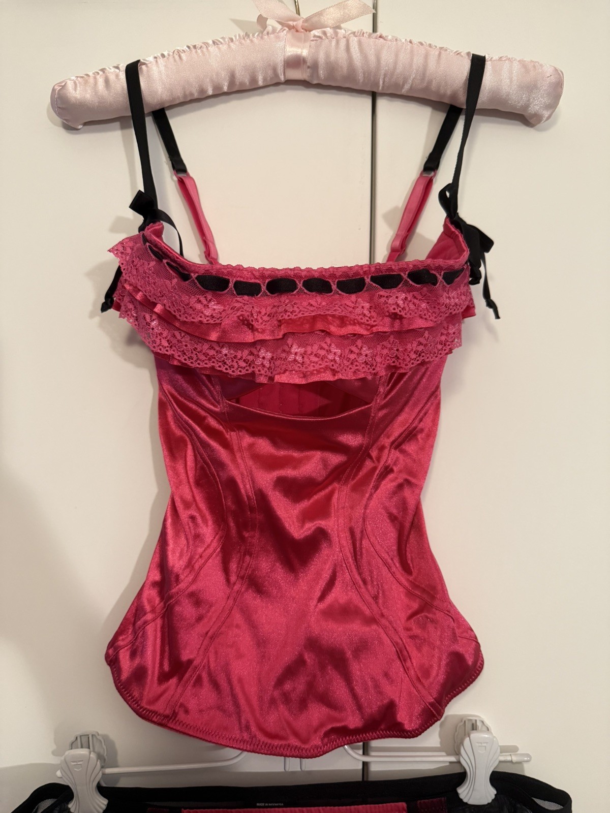 Vntg Victoria Secret “Sexy Little Things” Lingerie Set M/L 34B Pink&Black Satin
