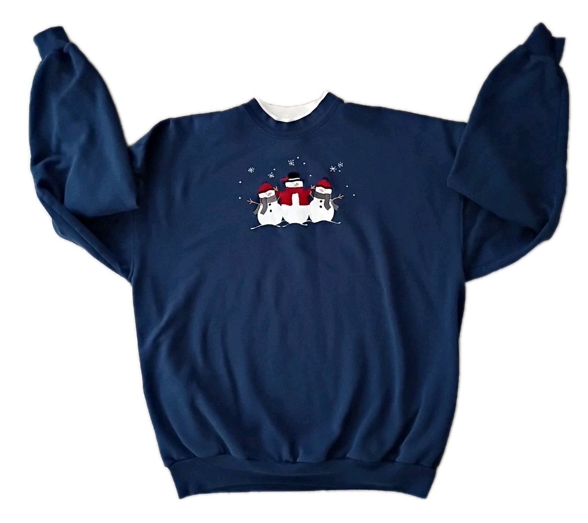Vintage Top Stitch Blue XXL Tall Sweatshirt Fleece Embroidered Snowman USA 90s