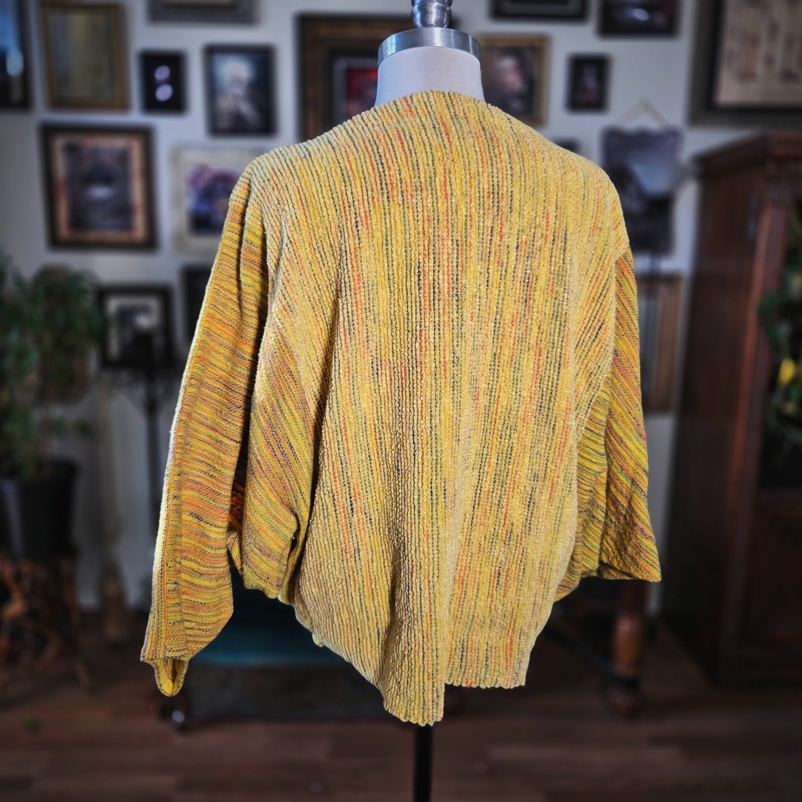 Chenille Yellow Sweater Vintage 90s Speckled Oversized Textured Dolman Sleeves L