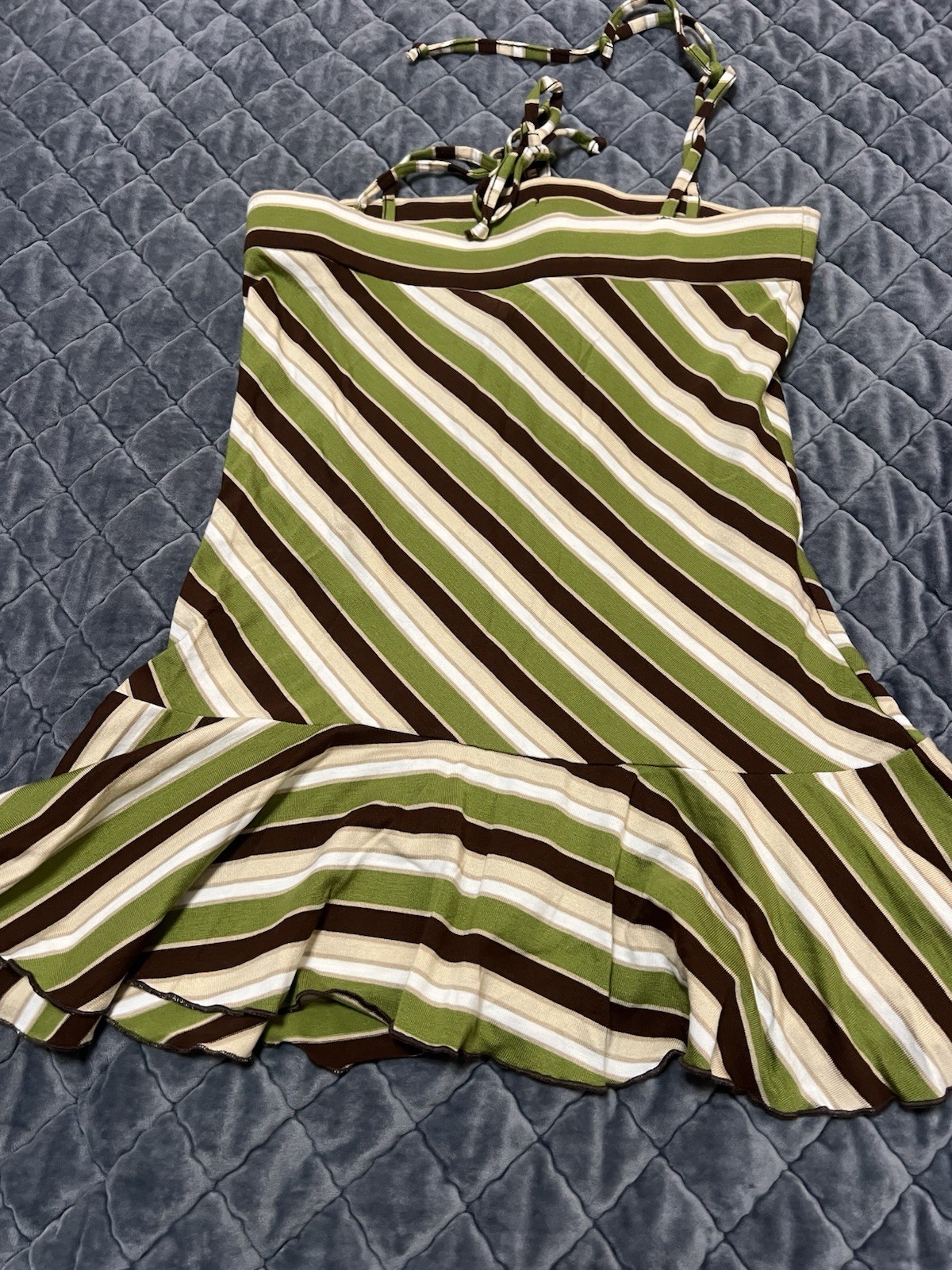 90s Y2K Vintage Camisole Top XL Green Brown Striped Peplum Grunge