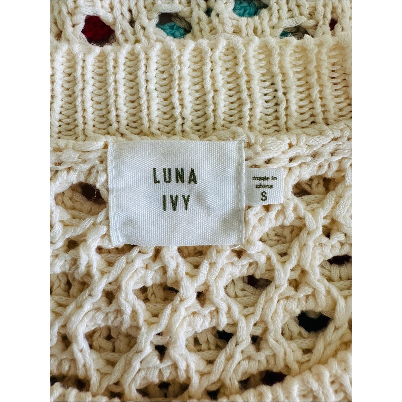 Luna Ivy Granny Square Crochet Crop Sweater Cream Multicolor Boho Size Small