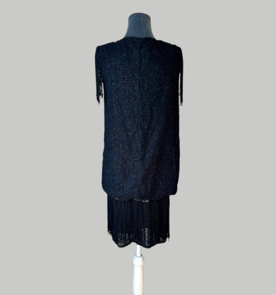 Vintage 70s Sparkly 20s Flapper Black Fringe Party Dress Sequin Trim 5/6 LA GLO
