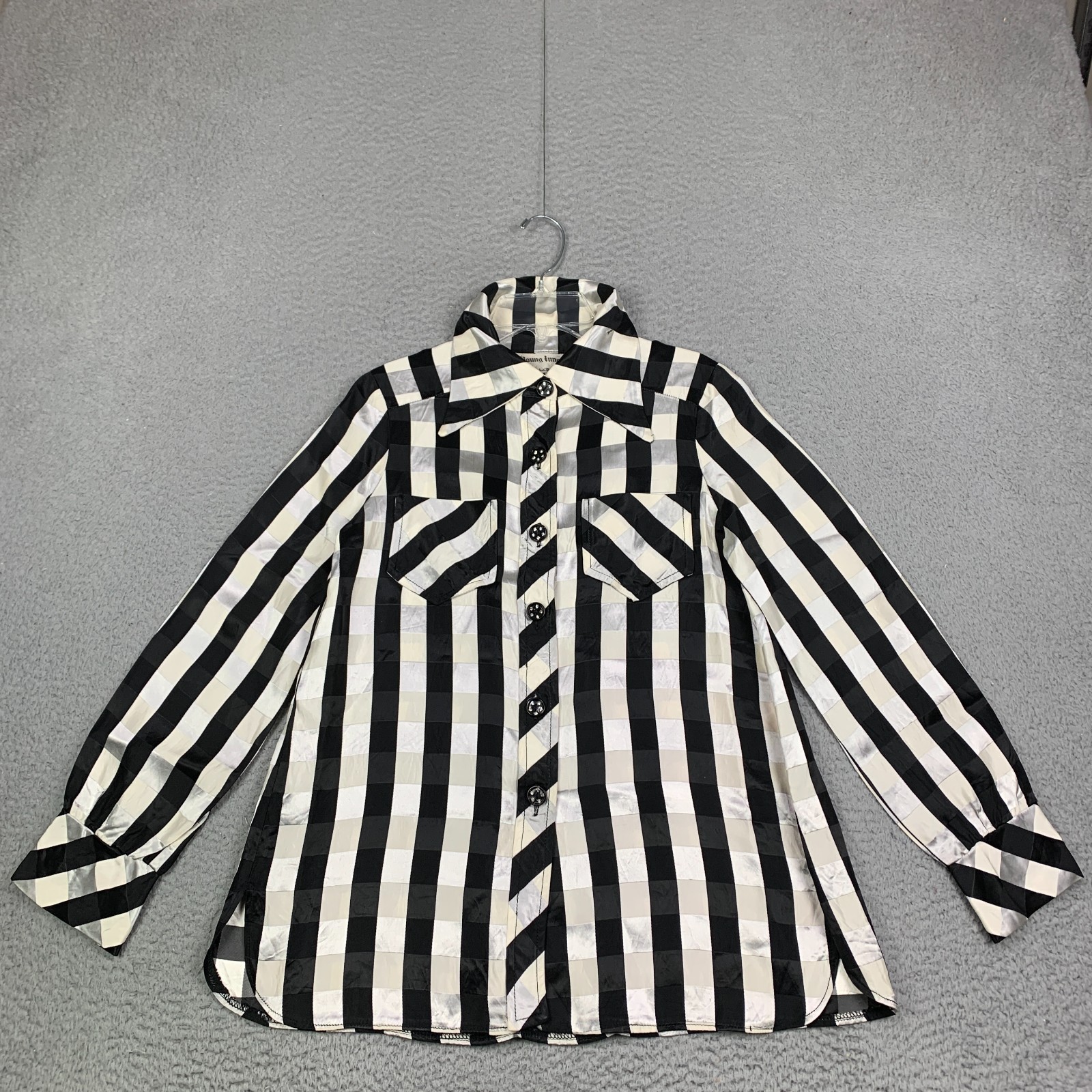 Vtg Young Innocent Arpeja Blouse Top 7 Striped Silk? Rhinestone Buttons 60s 70s