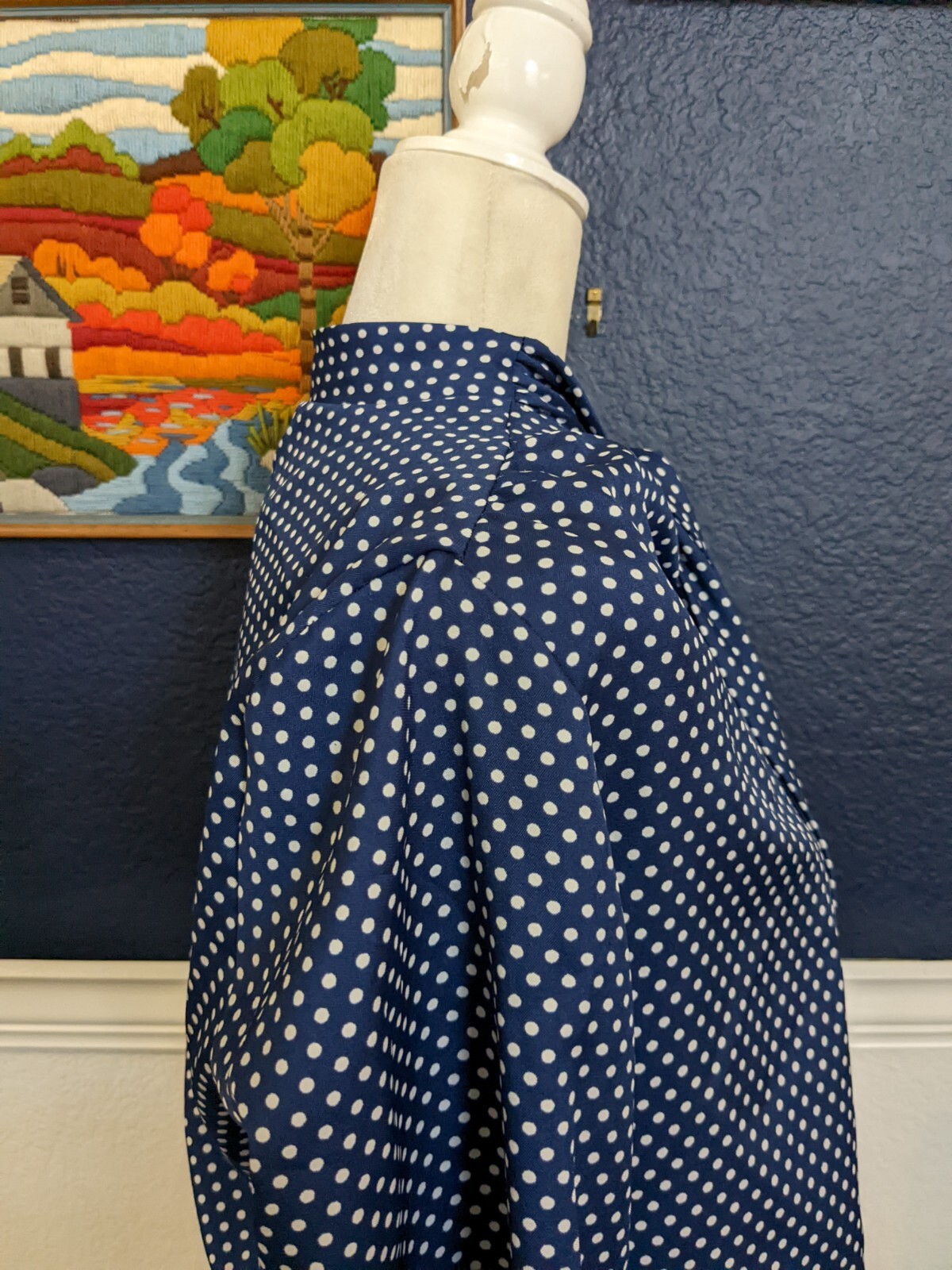 VTG 1970s Lee Mar Necktie Button Blouse Shirt Blue Polka Dot Sears Sz 14 Large L