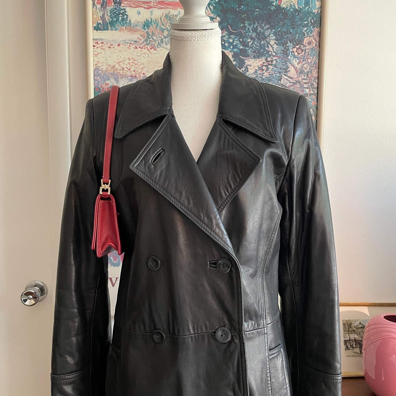 Vintage 90s Black Genuine Leather Coat Small Double Breasted Trench Grunge Goth