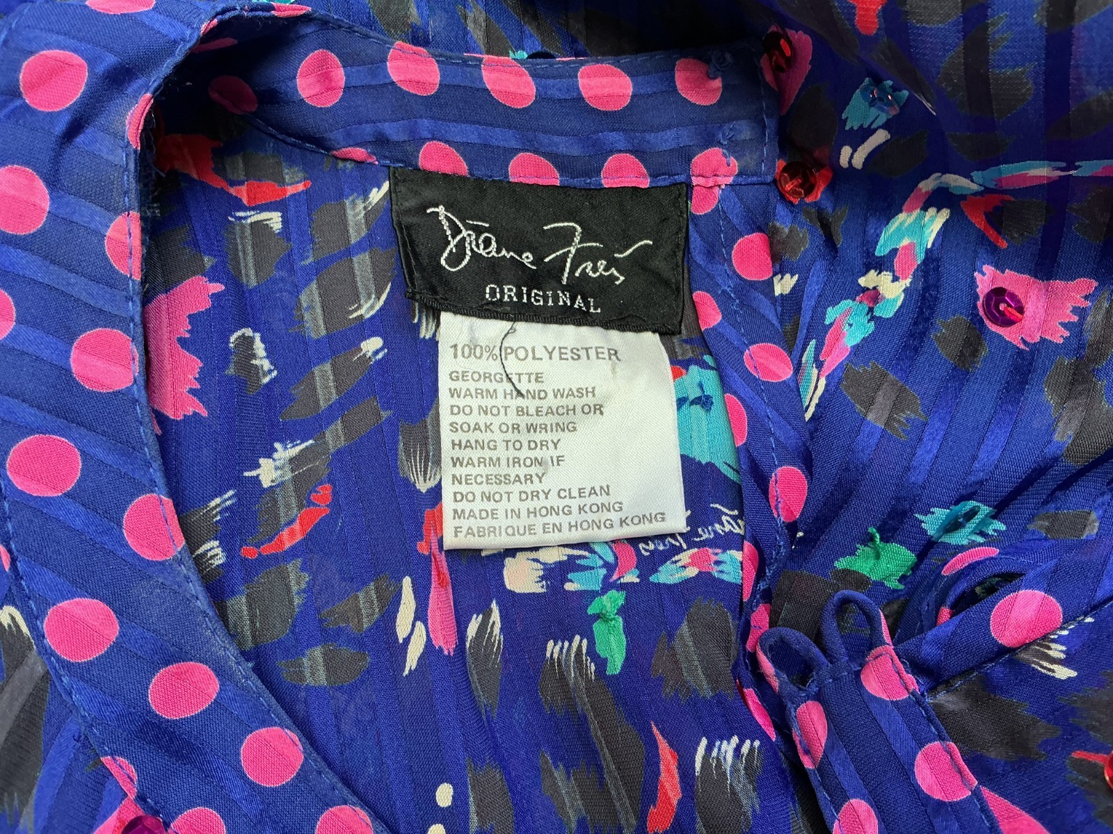 Vintage Blue and Pink Sequin Panther and Floral Print Midi Dress Diane Freis