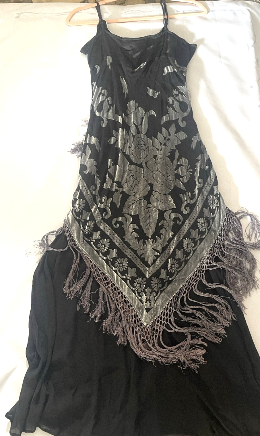 Vintage Aris A Y2K Silk Blend Burnout Velvet Fringe Maxi Dress Sz L