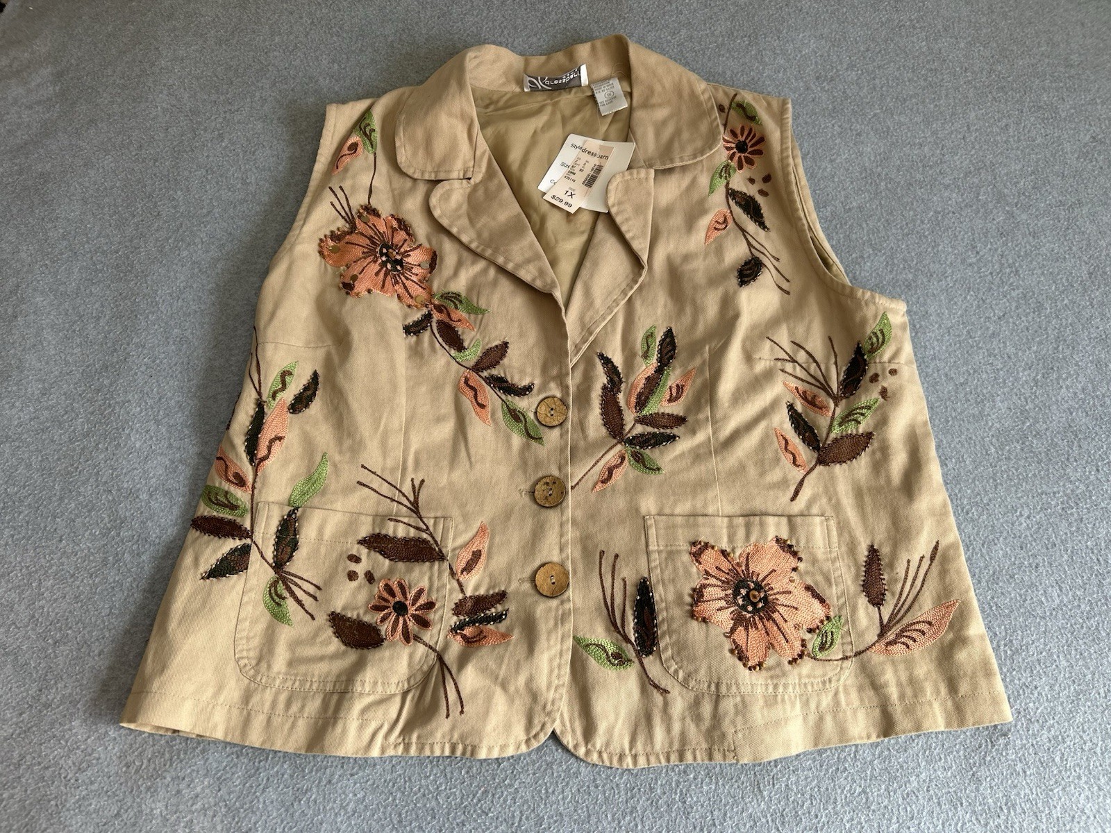 Dress Barn vintage-style tan vest With embroidered floral patterns, bohemian, 1X