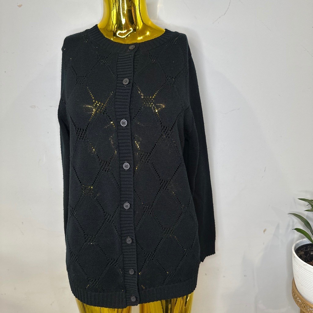 Vintage Goth Indie Black Pointelle Diamond Knit Cardigan Sweater USA Made MEDIUM