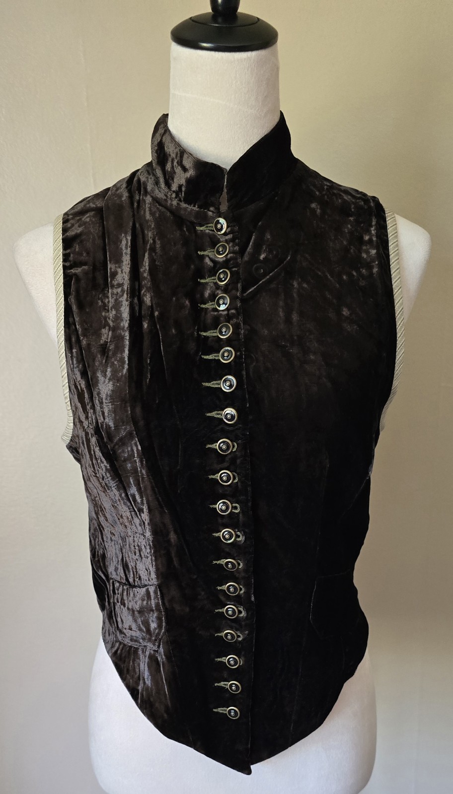 Vintage 1990s Banana Republic Brown Velvet Mandarin Collar Boho Goth Vest Size 8