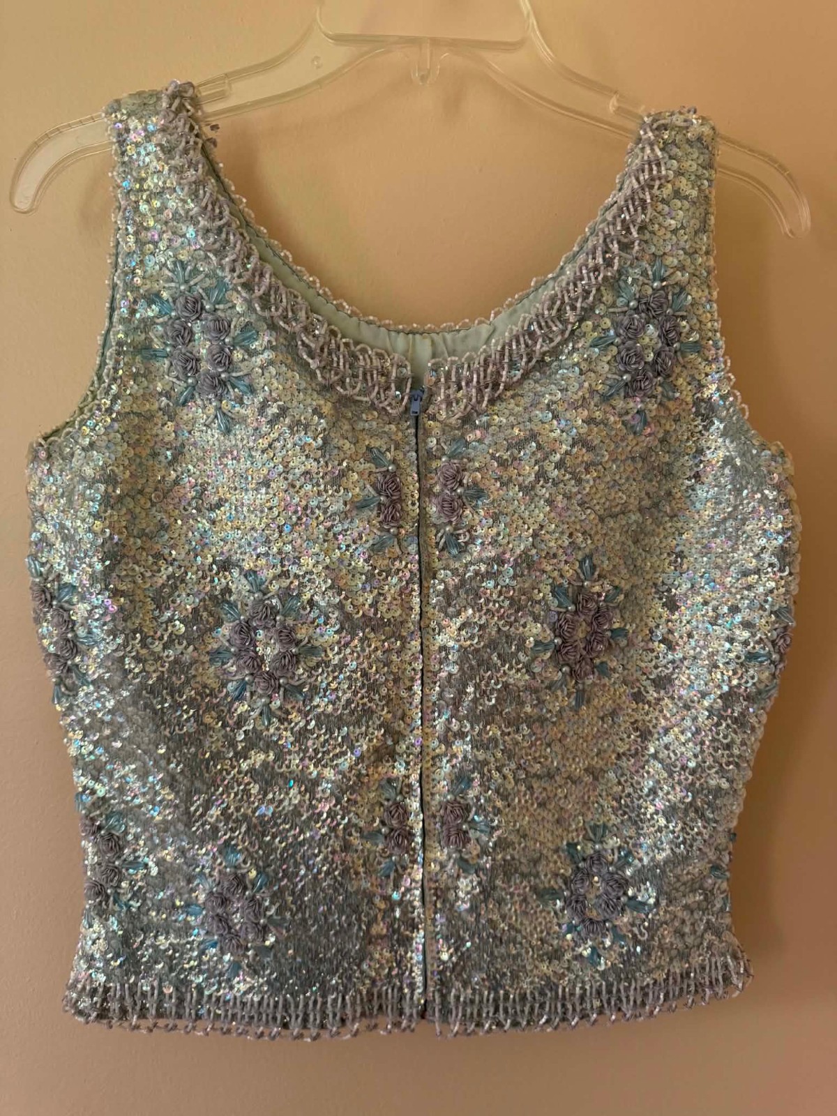 1950’s-60s Ice Blue & Silver Hand Beaded Sequined Wool Top Size M Hong Kong