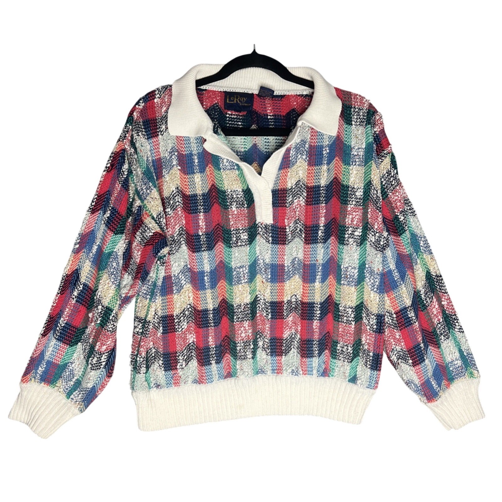 Vintage 80s LeRoy Knitwear Sweater Sz L Collared V Neck Textured Preppy Academic