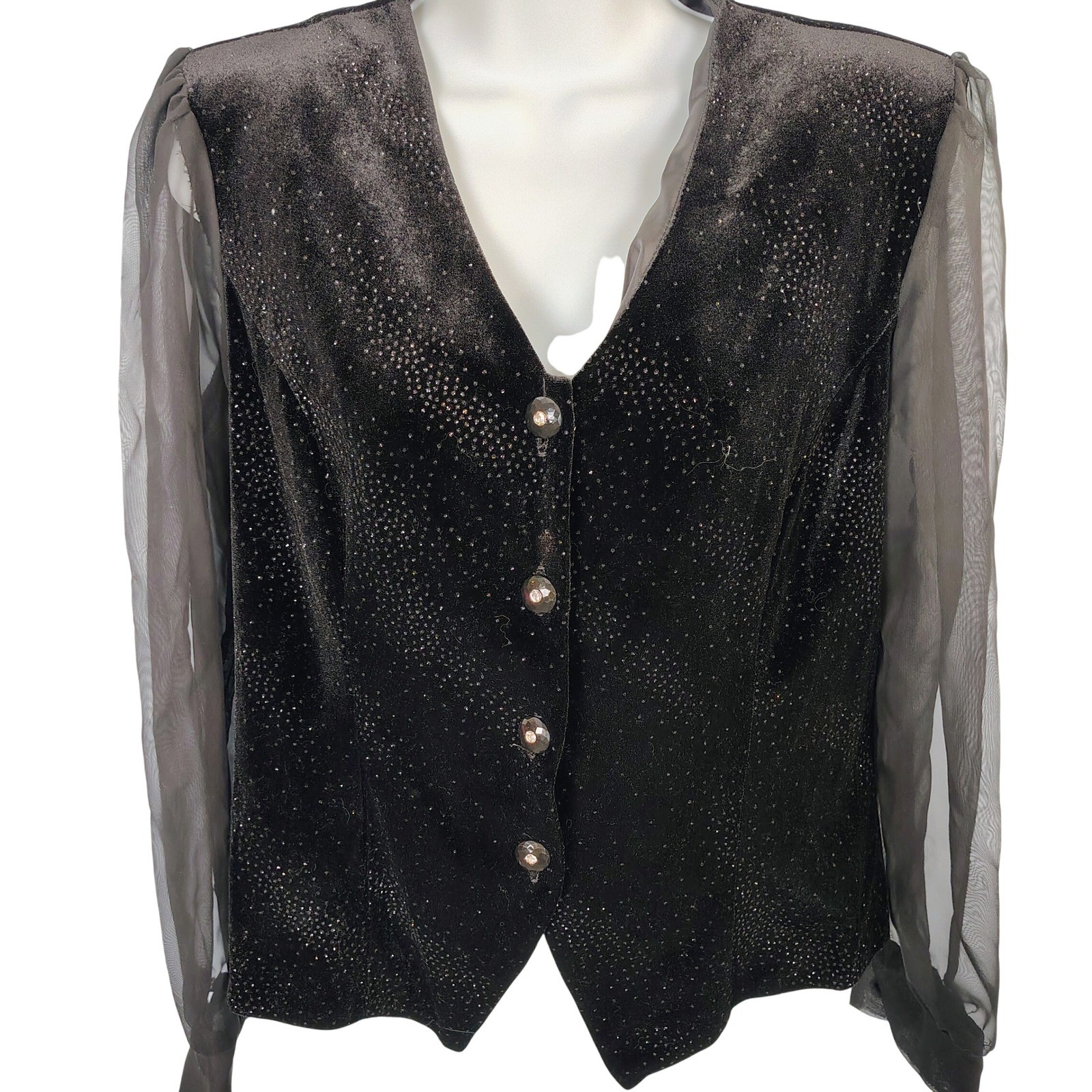 Another Thyme Vintage Black Velvet Sheer Sleeve Glitter Evening Blouse Top