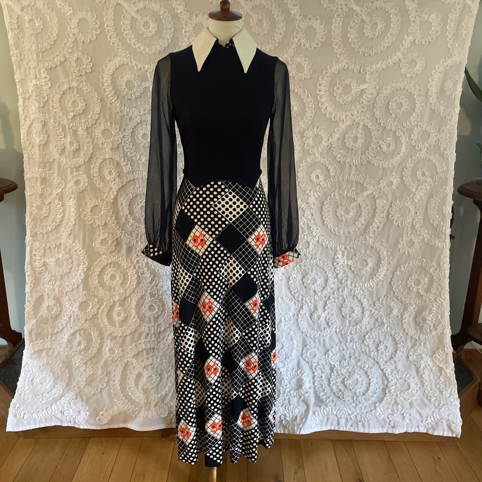 Union Made LIGWU Vintage 1970’s Print Maxi Dress Hostess Gown Small Navy ECU!