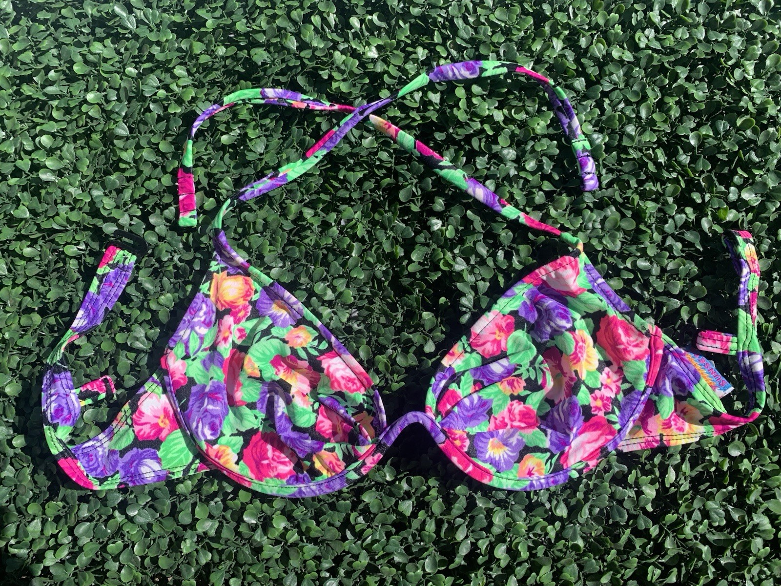 Vintage 80s SUNSETS colorful floral shelf-wire bikini top swim beach tropical