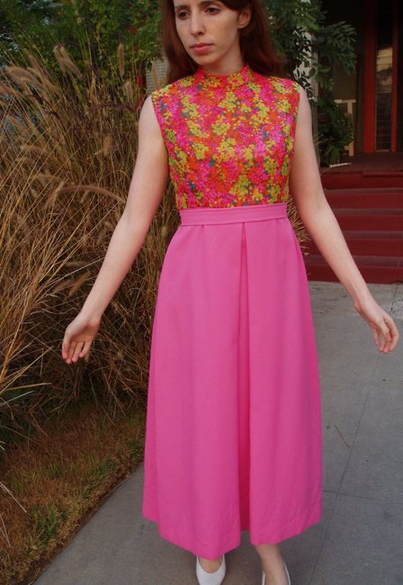 VTG 60s 70s Hostess DRESS MOD Bright PINK Petite Floral Long Gown S/M