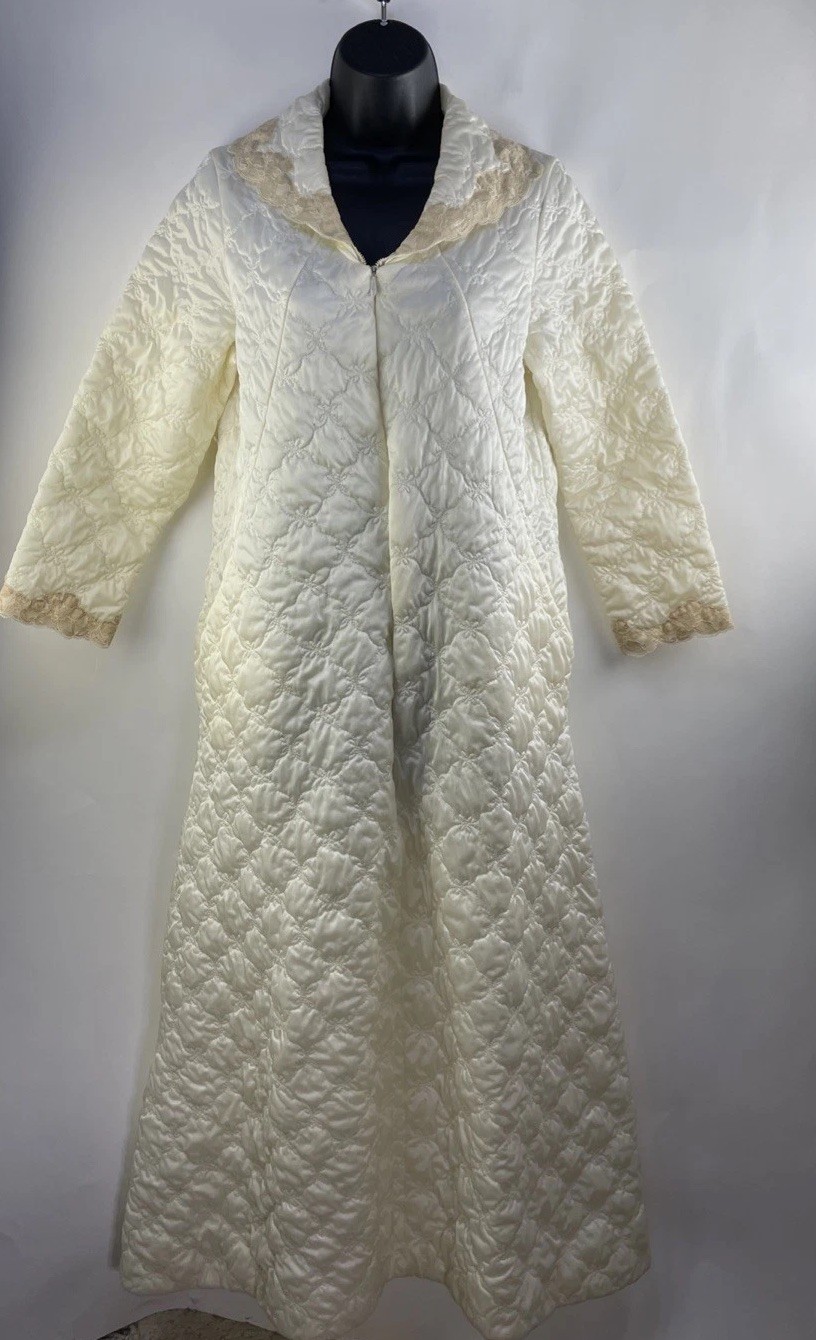 Vintage Kayser Quilted Robe Nylon Ivory Zip With Lace Trim Size Small