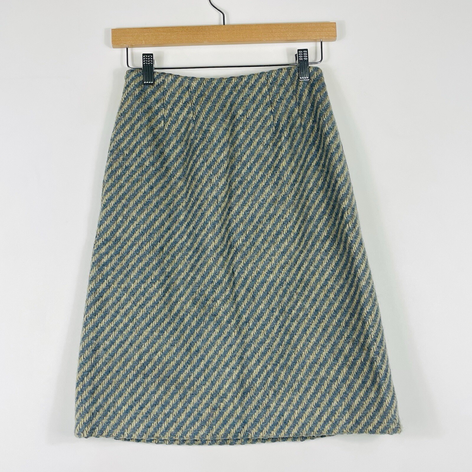 Jaeger London Skirt Womens 8.5 Small Blue Cream Stripe Vintage British Mod Tweed