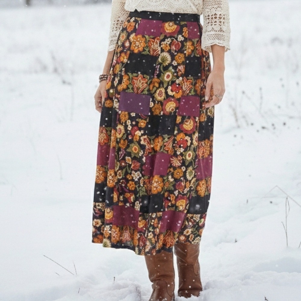 Vintage 70s Velvet Patchwork Wrap Maxi Skirt Bohemian Hippie Florals Festival