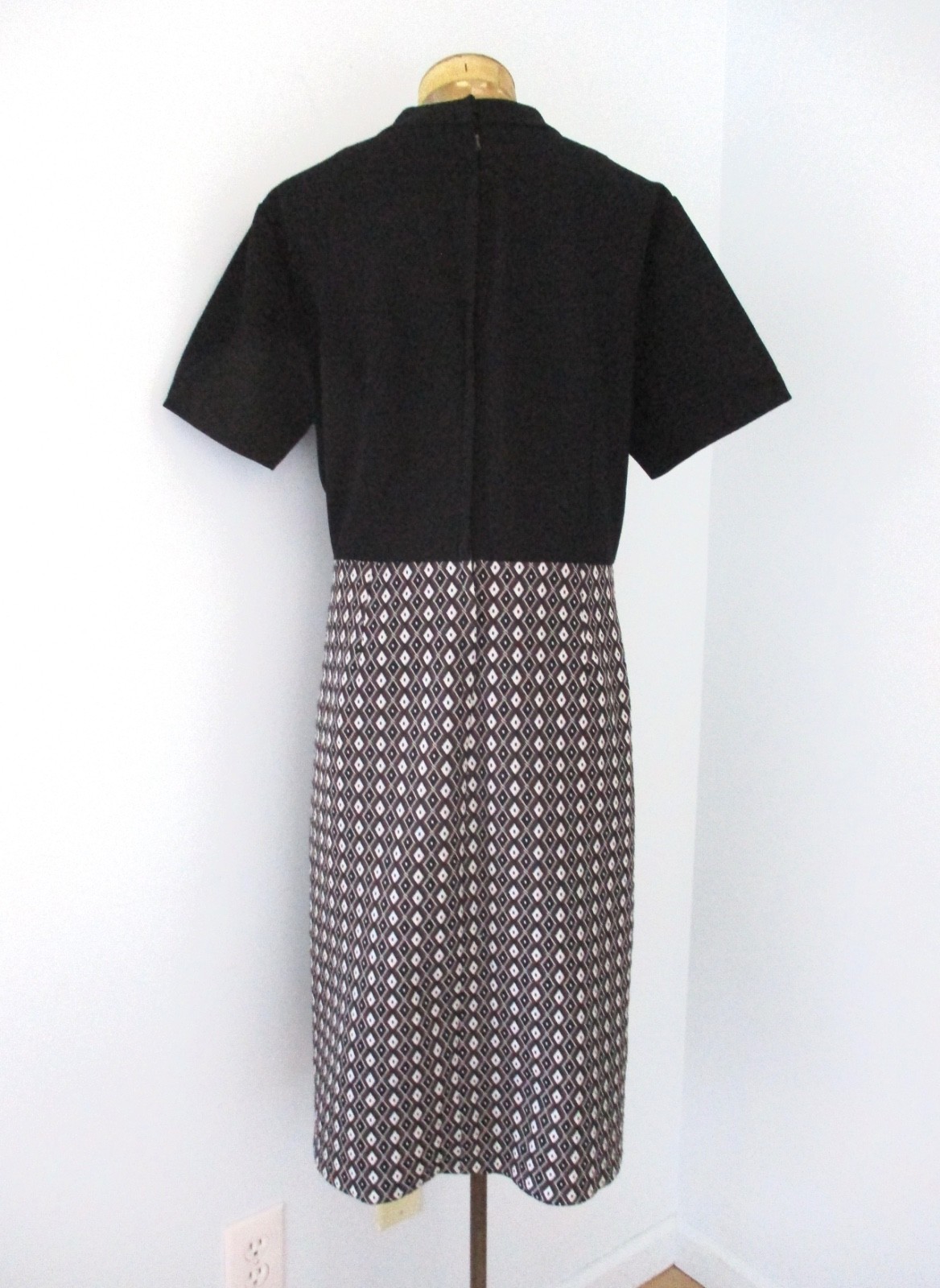 Vtg 60s 70s Black Brown Diamond Textured Knit Dress Buttons Drop Pleats XL 2XL