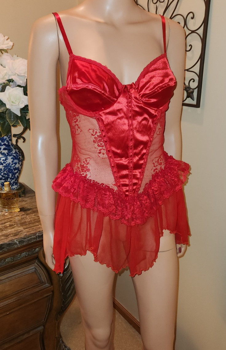 Vtg Silky Red Satin & Chiffon Babydoll Corset Style Underwire Bra Nightgown M