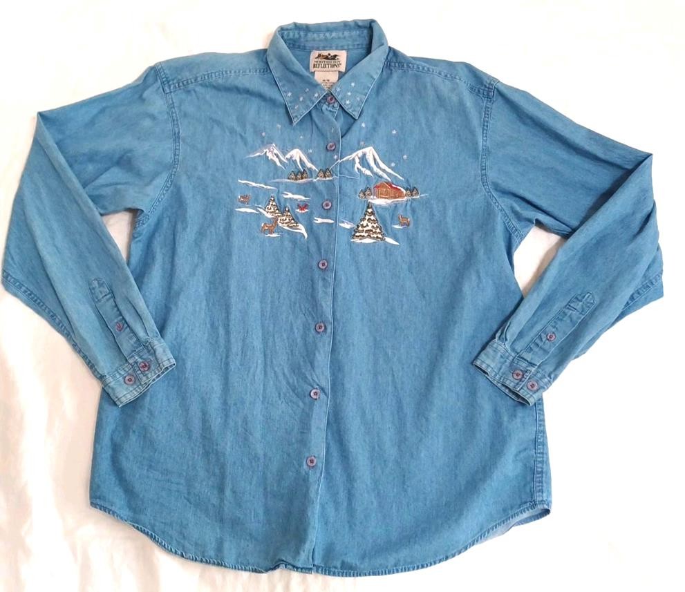Northern Reflections VTG Denim Womens Shirt Sz M Mountain Snow Deer Cabin Winter