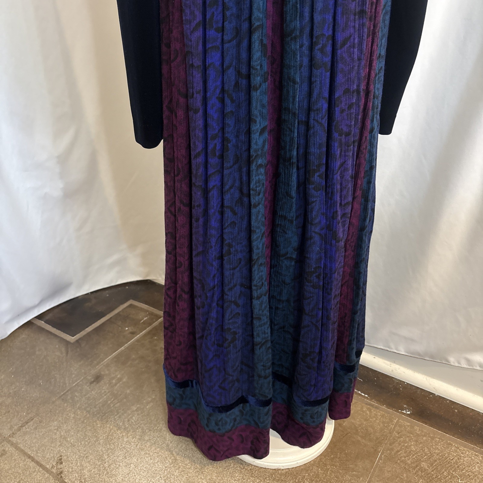1980s Velvet Color block Midi Dress, Jewel Tone Boho Prairie Style Cottagecore
