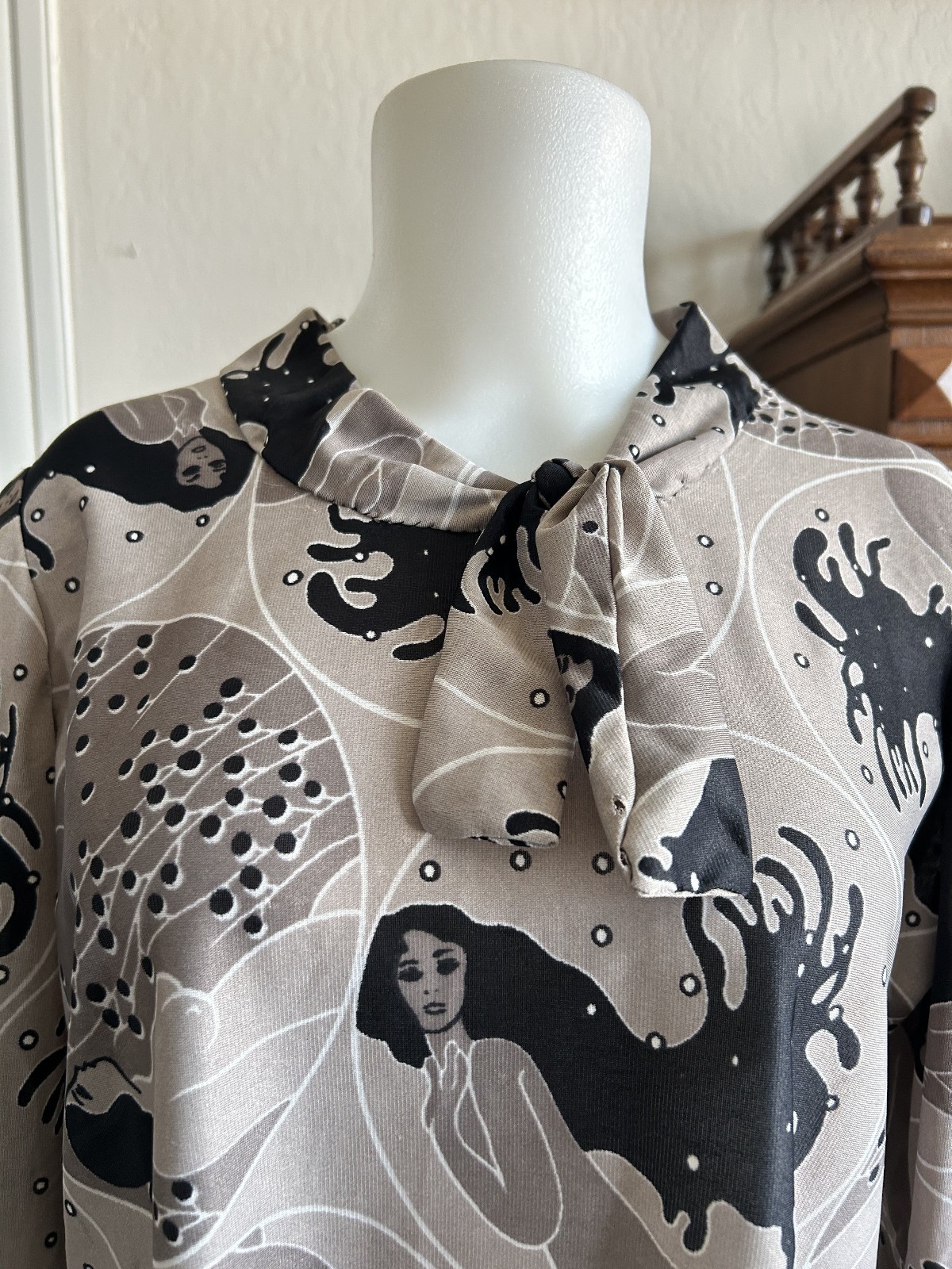 RARE 60s Vintage Handmade Psychedelic Gray Water Nymph Nouveau Mod Tunic Top -M