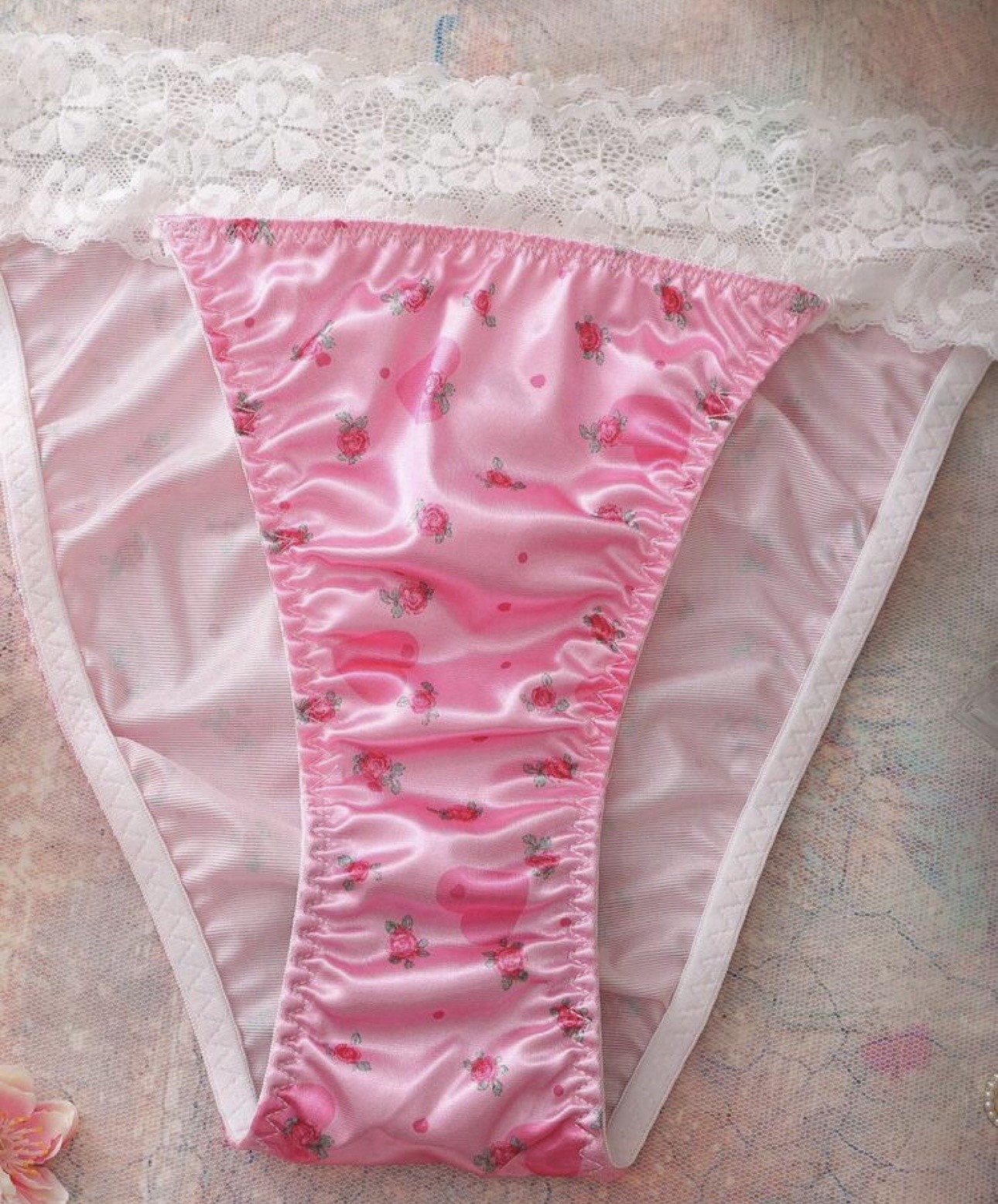 Glossy Pink Floral 2nd Skin Satin Lace Waistband Hi-Cut Rio Panties L NEW