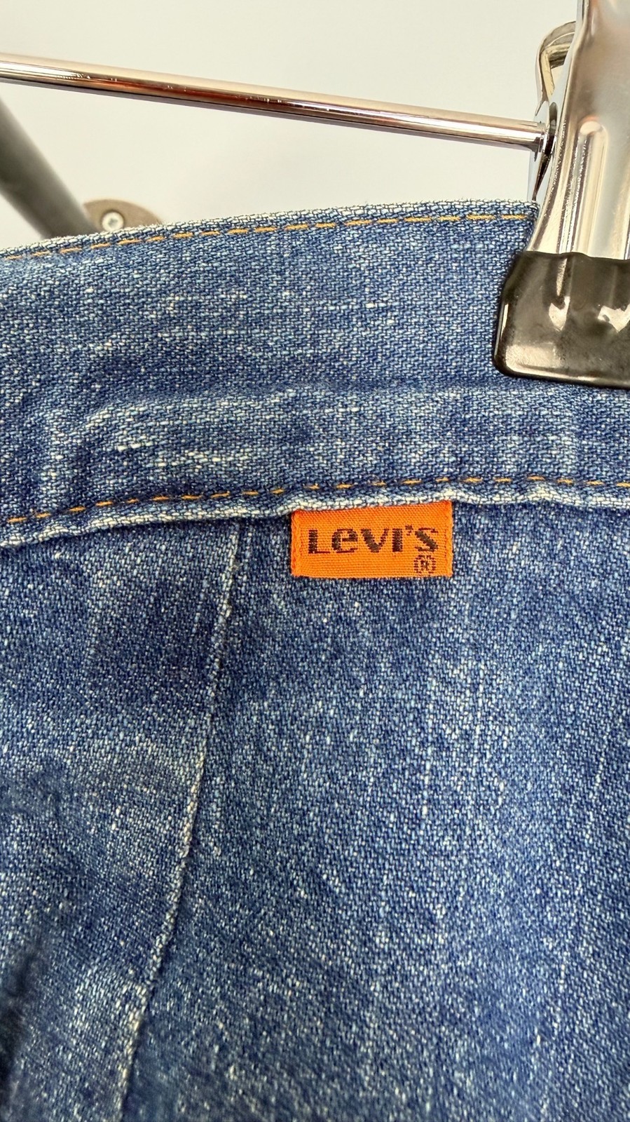 Vintage 70s Levi’s L Denim Midi Skirt Orange Tab Script Ribbon Tag 28″ Waist