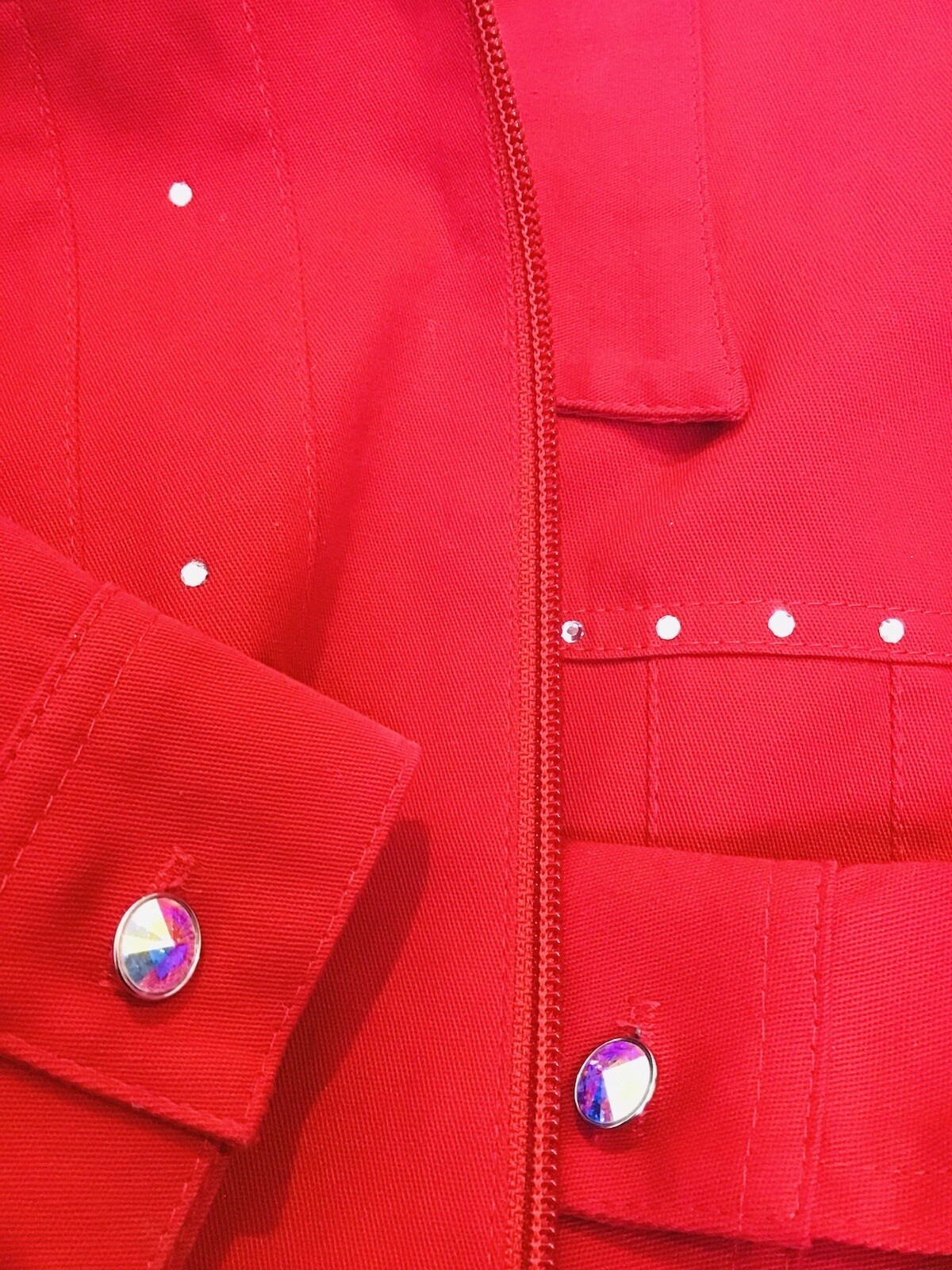 Rhinestone Red Jacket Vtg Mili Designs Zip Up Bling Buttons Cotton Shoulder Pads