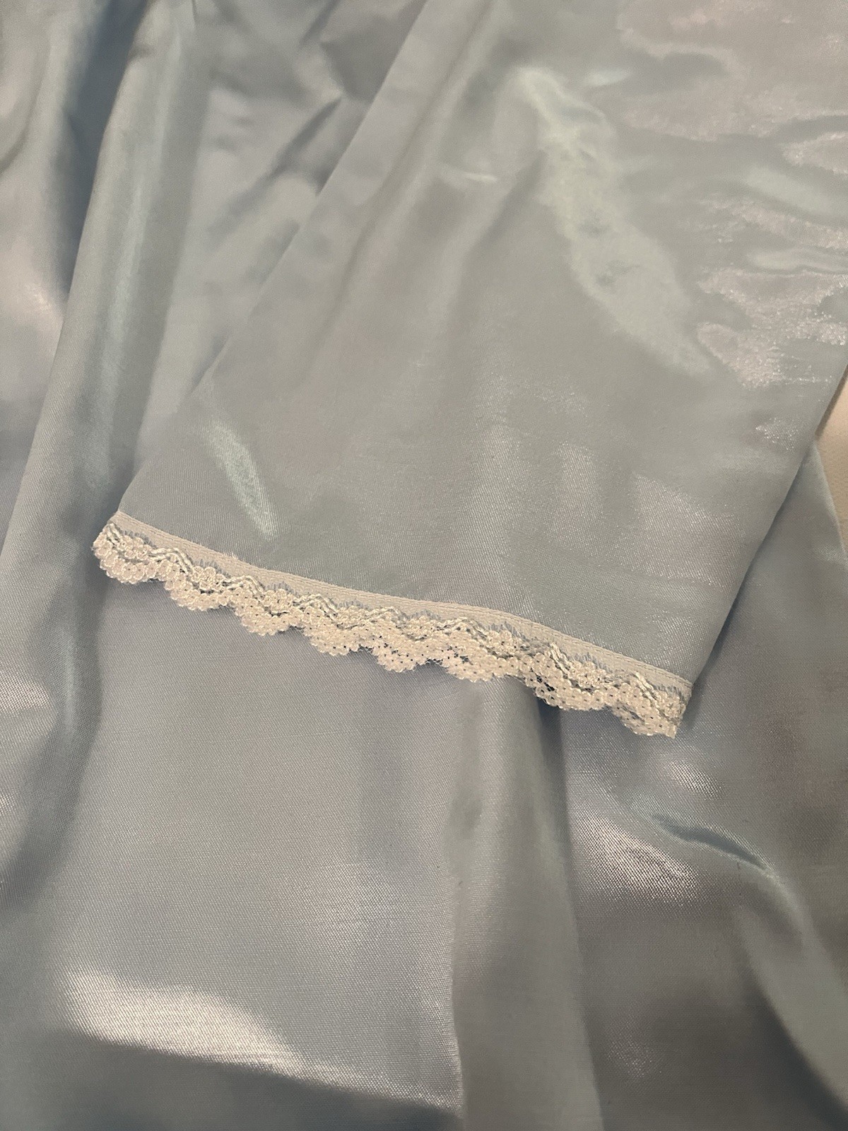 Vintage Delicates Long Nightgown Sz M Blue Satin Embroidered Lacey Long Sleeves